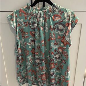 MELLODAY Green Smocked Ruffled Blouse with Mandarin Collar